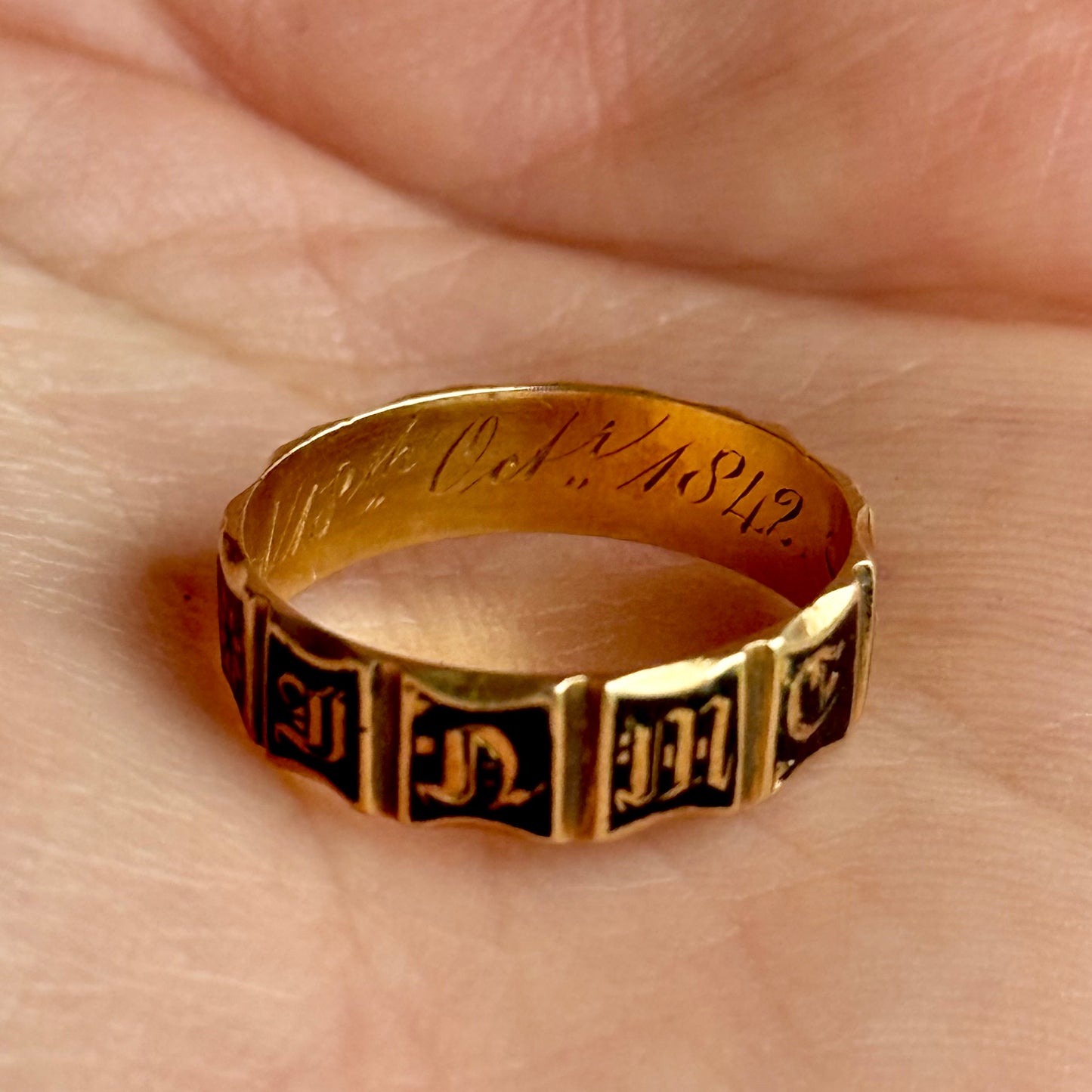 Antique Enamel Mourning Ring in 18 Carat Gold; Circa 1842