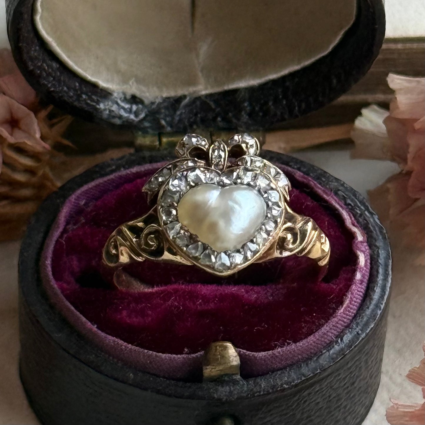 Antique Boxed Georgian Pearl & Diamond Ring in 18 Carat Gold; Circa 1800
