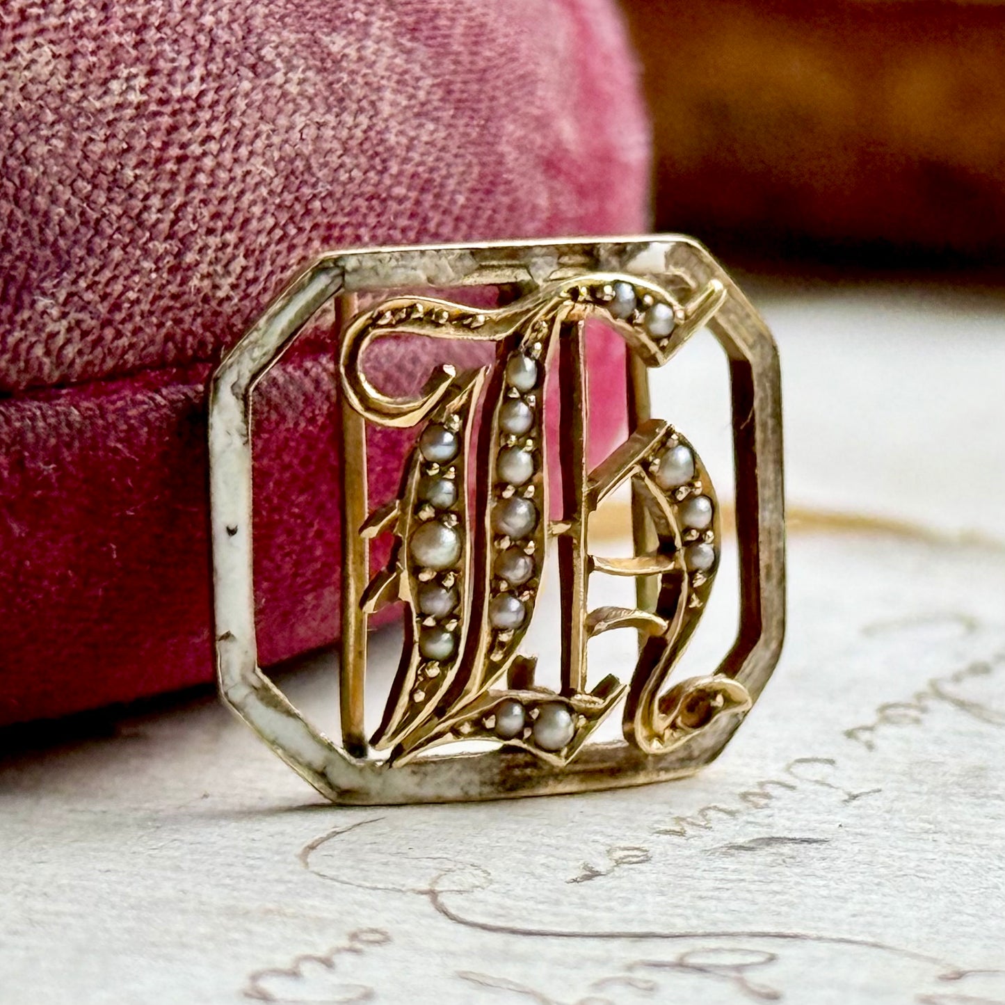 Antique Victorian Enamel and Pearl Letter 'H' Buckle Pendant in 9 Carat Gold
