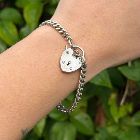 Victorian Sterling Silver Graduated Link Bracelet with Heart Padlock Clasp