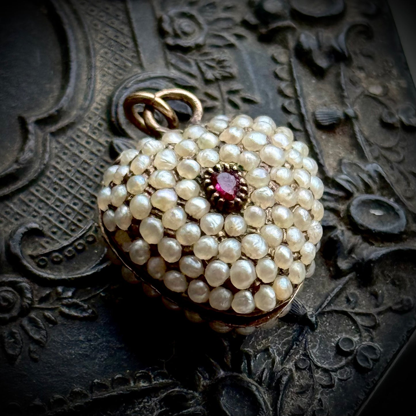 Georgian Seed Pearl & Ruby Heart Locket Pendant in 15 Carat Gold; Circa 1800