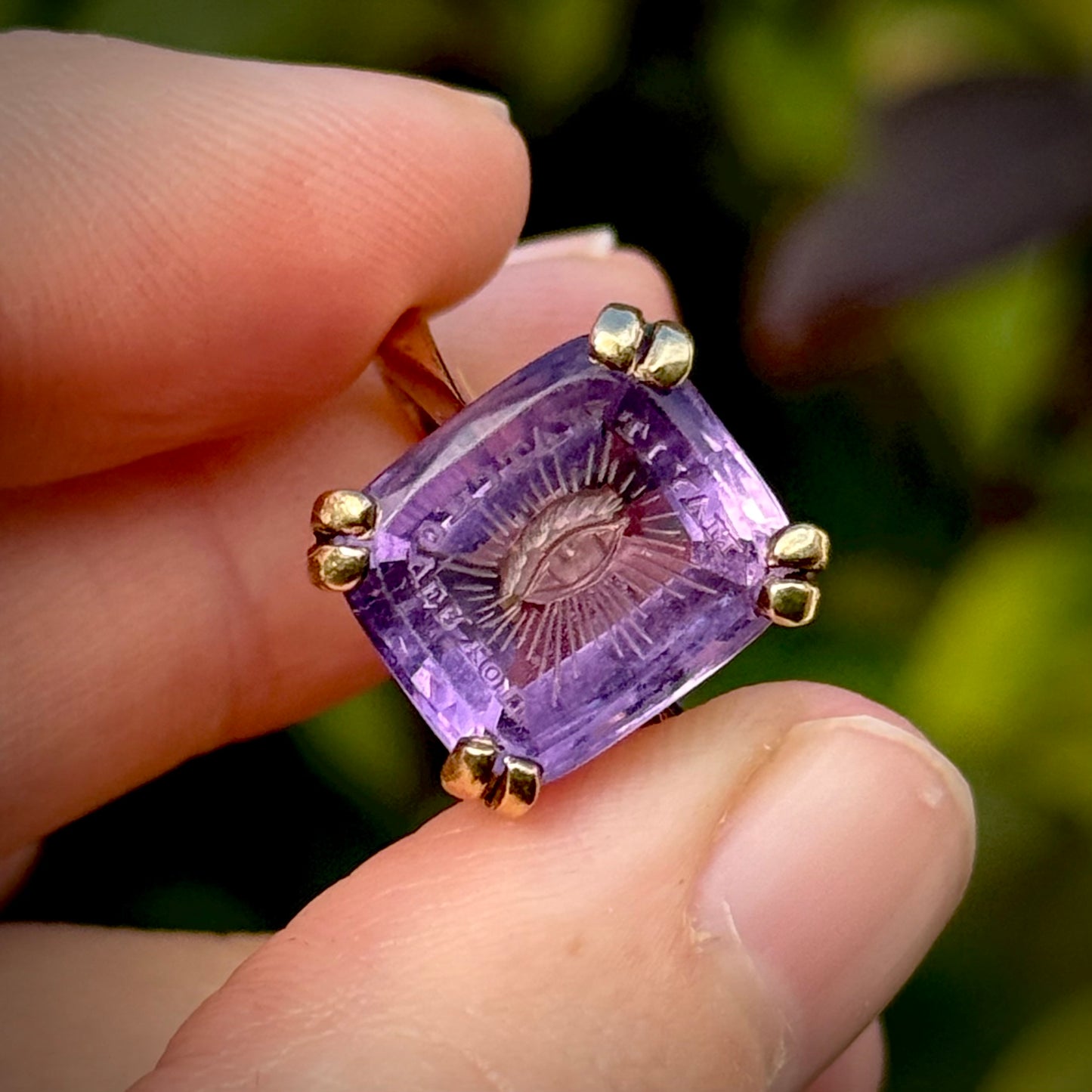 Vintage Amethyst Intaglio “May It Watch Over You” Ring in 9 Carat Gold