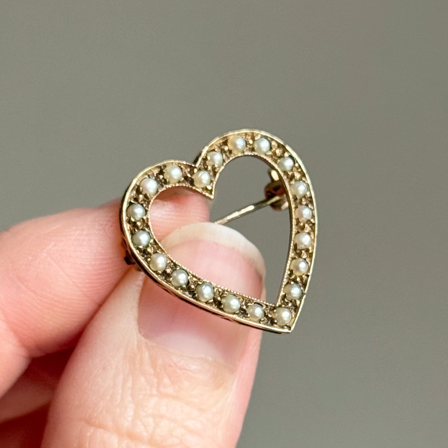 Antique Victorian Pearl Heart Brooch 9 Carat Gold; Circa 1880