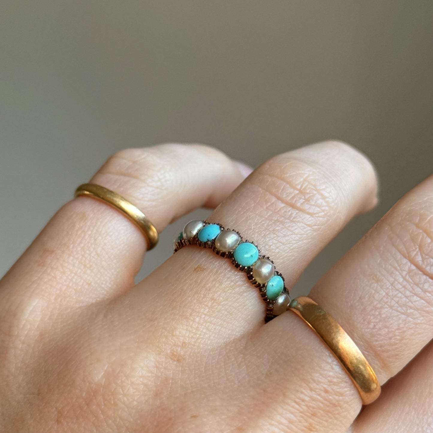 Georgian Rare Turquoise & Pearl Full Eternity in 9 Carat Gold