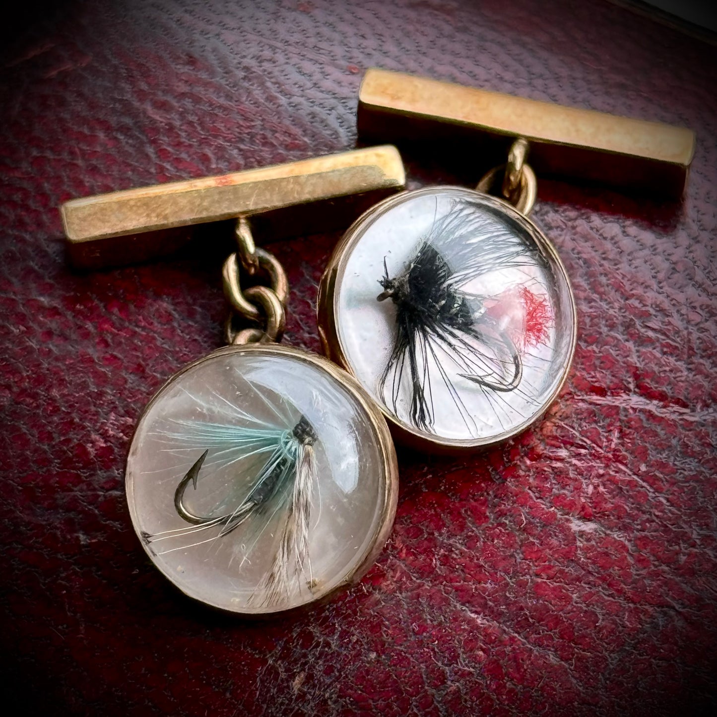 Vintage Fly Fishing Cufflinks in 9 Carat Gold; Circa 1971