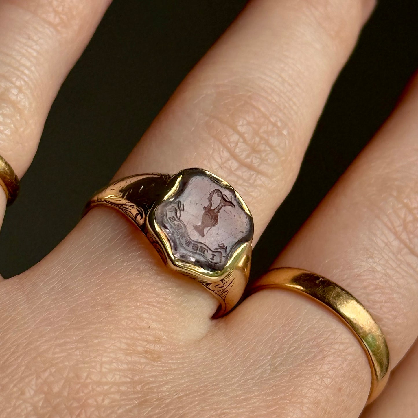 Antique Amethyst Intaglio Signet Ring in 9 Carat Gold