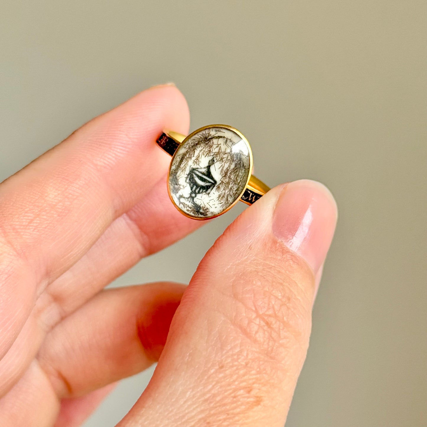 Georgian Enamel & Hair Mourning Ring in 15 Carat Gold; Circa 1781