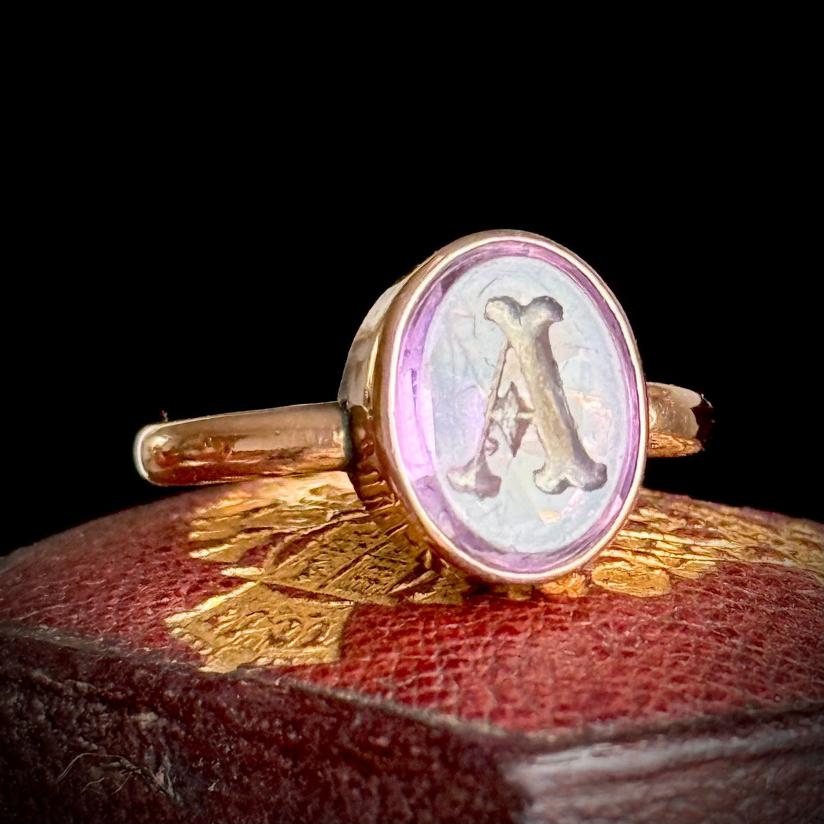 Antique Amethyst Intaglio 'A' Ring in 9 Carat Gold; Circa 1890