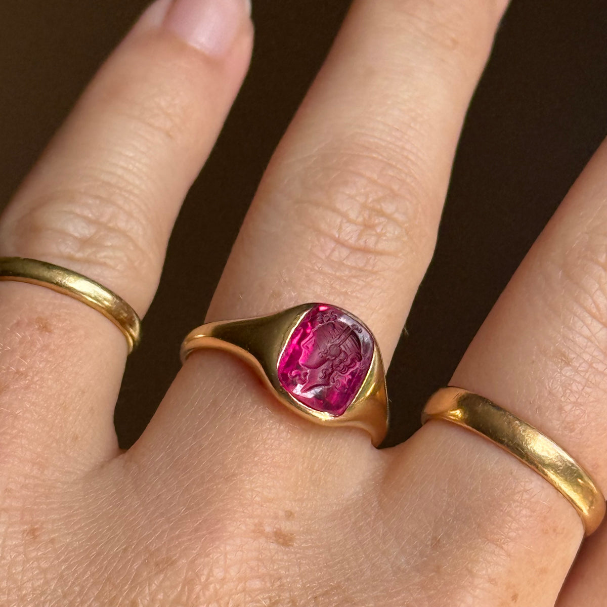 Antique Edwardian Goddess Intaglio Ring 18 Carat Gold; Circa 1900