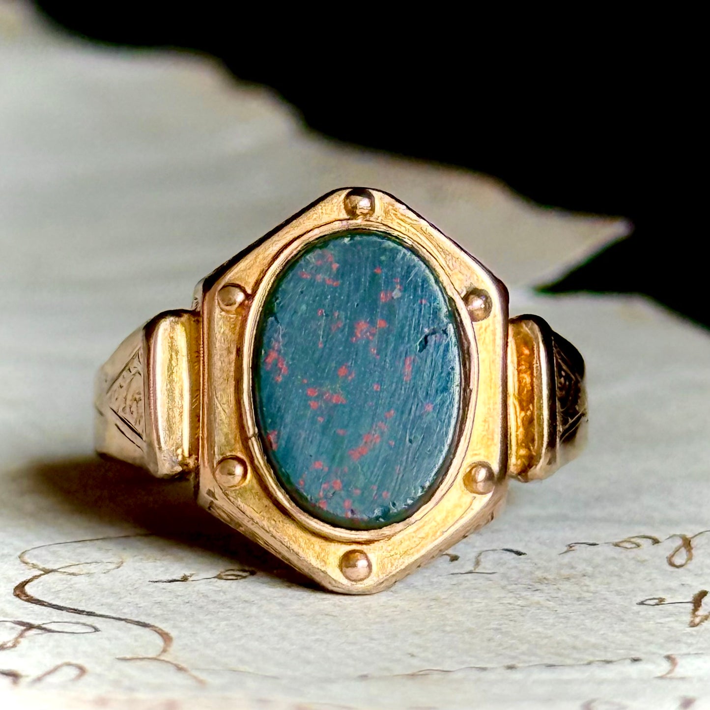 Antique Bloodstone Signet Ring in 9 Carat Gold, Circa 1880