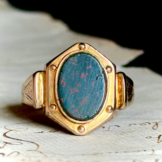 Antique Bloodstone Signet Ring in 9 Carat Gold, Circa 1880
