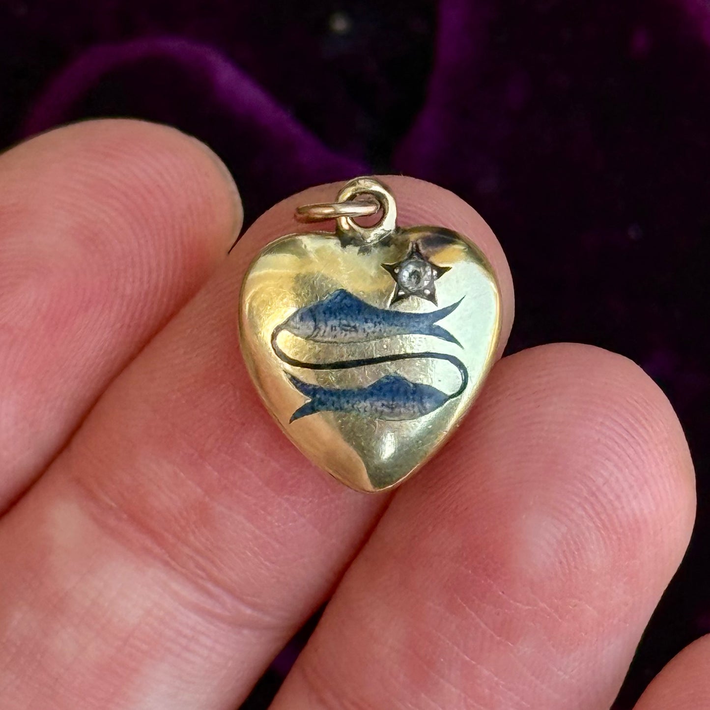 Vintage Pisces Enamel & Diamond Puffy Heart Pendant