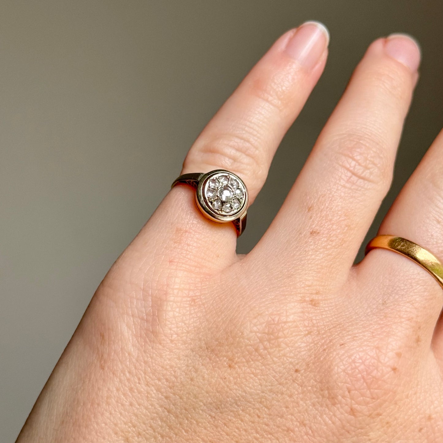 Antique Rose Cut Cluster Ring in 9 Carat Gold; Circa 1895