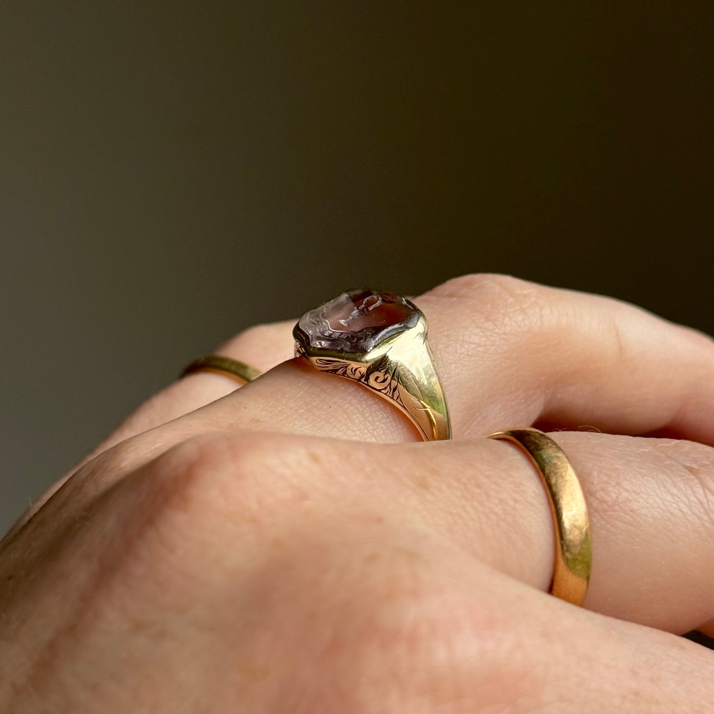 Antique Amethyst Intaglio Signet Ring in 9 Carat Gold