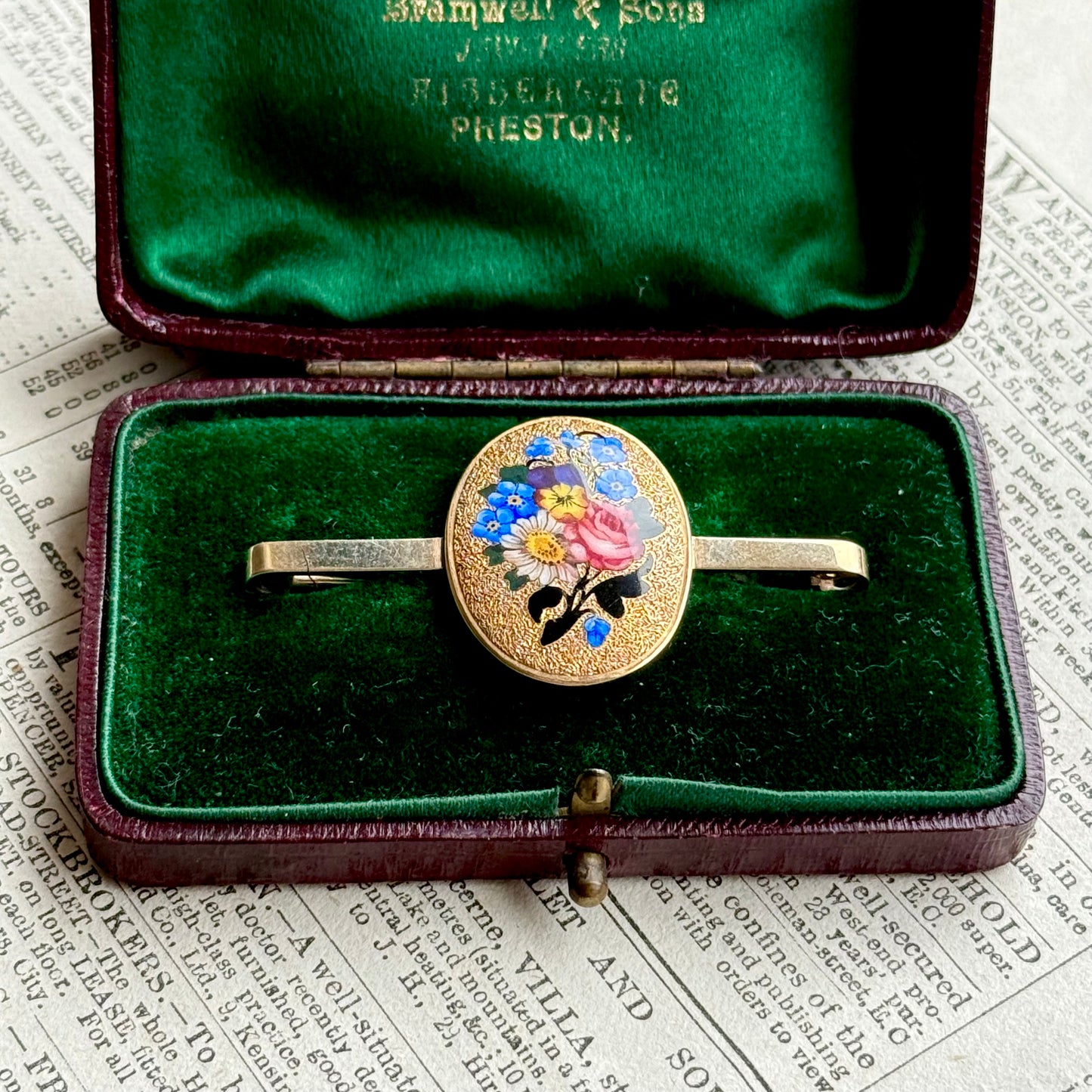 Boxed Antique Enamel Floral Brooch in 9 Carat Gold