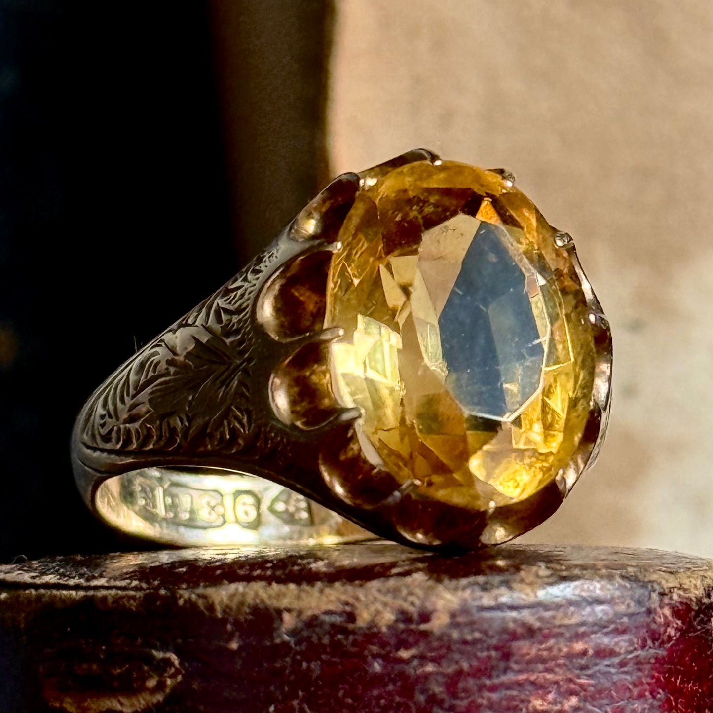 Victorian Citrine Engraved Ring in 9 Carat Gold ; Circa 1900