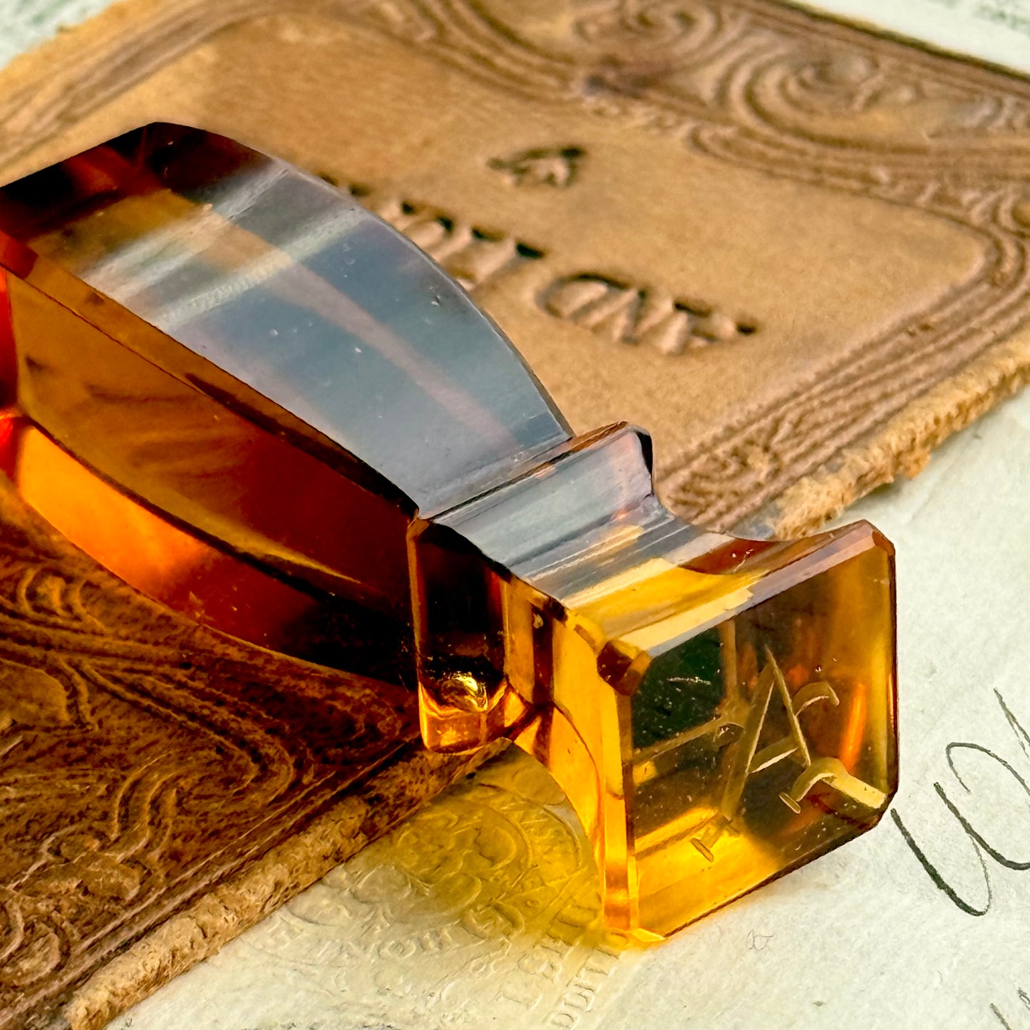 Antique Amber Glass Wax Seal Monogram 'A'