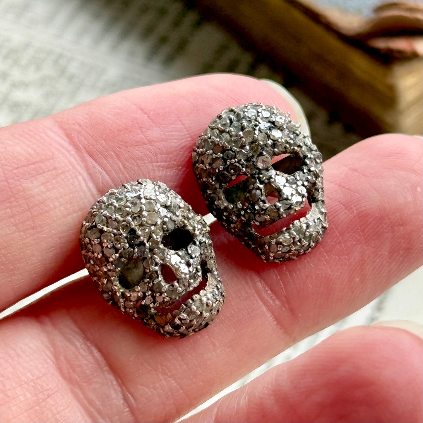 Preloved Silver & Diamond Skull Cufflinks with Black Enamel Detail