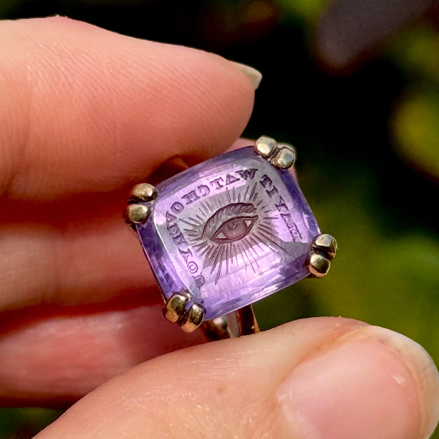 Vintage Amethyst Intaglio “May It Watch Over You” Ring in 9 Carat Gold