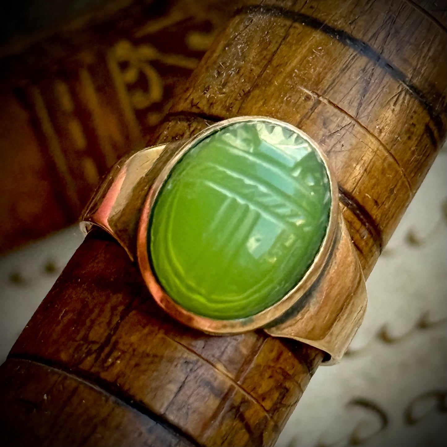 Antique Green Agate Scarab Ring in 9 Carat Gold