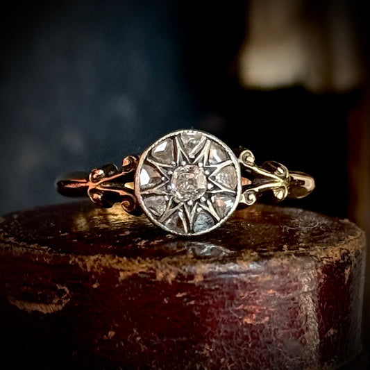 Antique Rose Cut Diamond Cluster Ring in 18 Carat Gold; Circa 1880