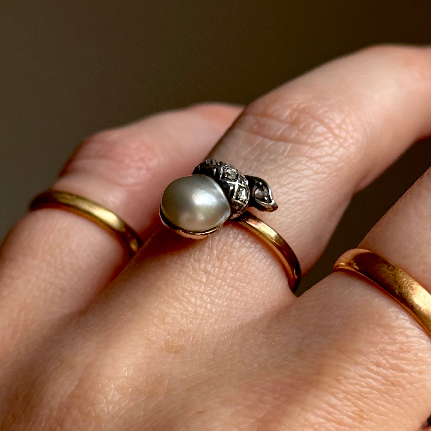 Antique Diamond & Pearl Acorn Ring in 18 Carat Gold