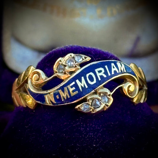Antique Victorian Enamel & Diamond Mourning Ring