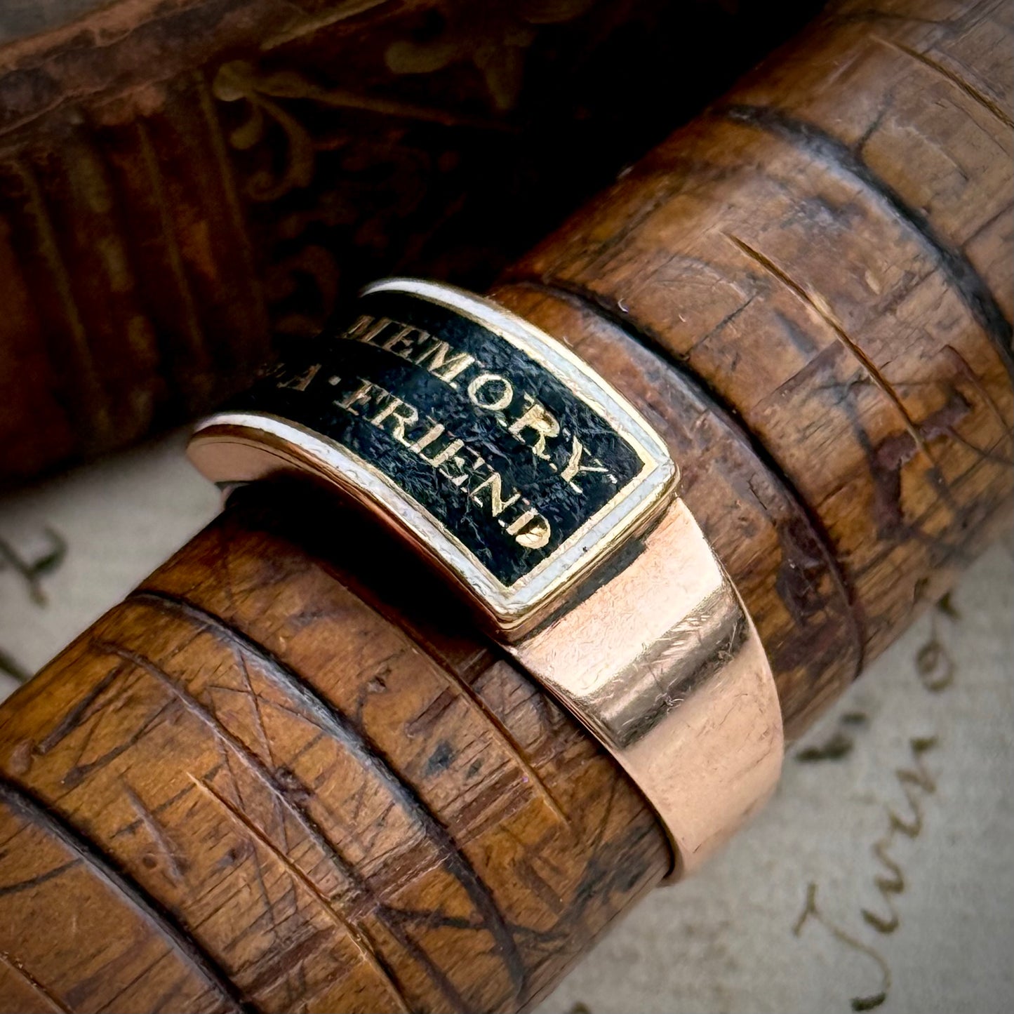Antique Victorian 'In Memory of a Friend' Mourning Ring in 9 Carat Gold; Circa 1860