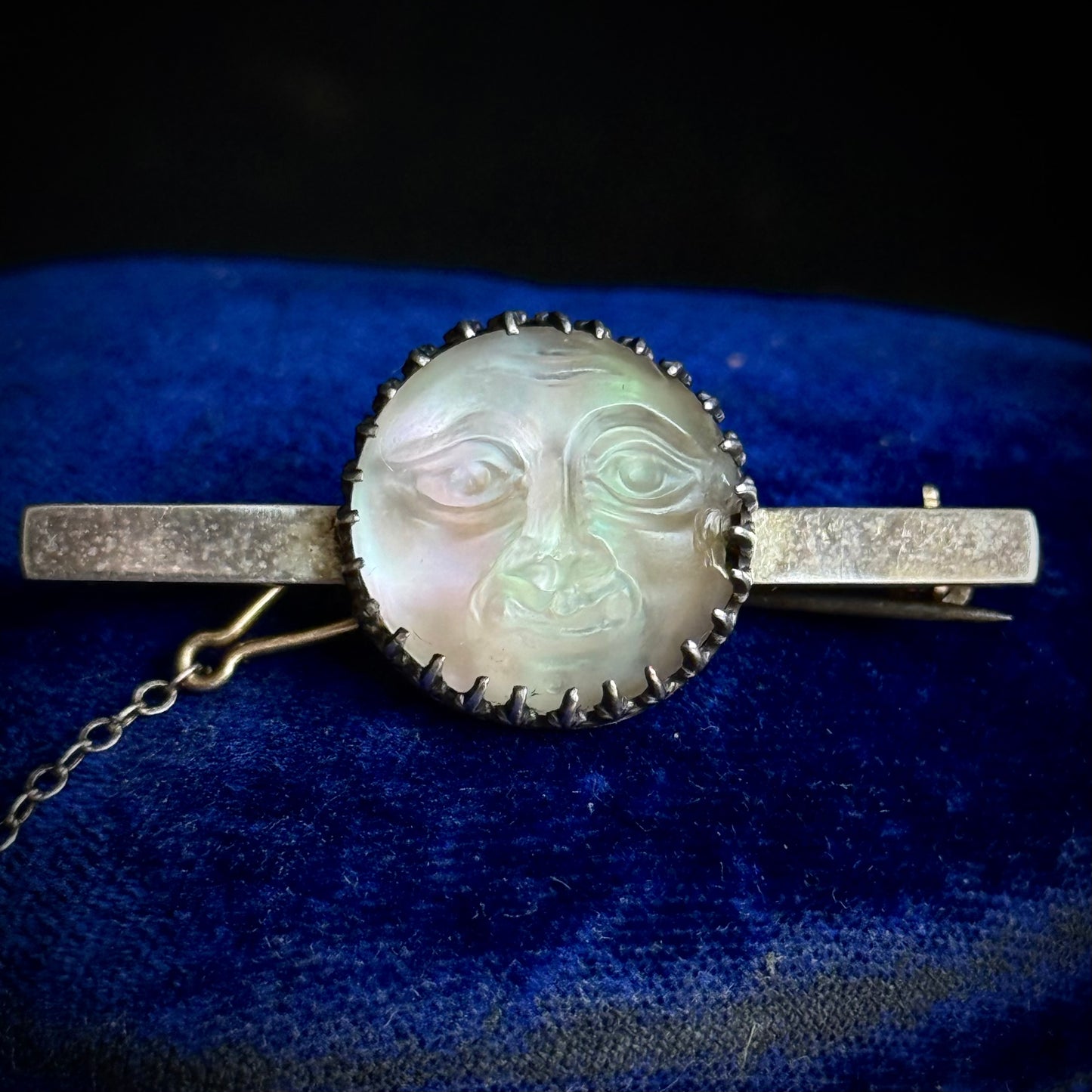 Victorian Man in the Moon Silver Brooch