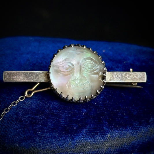 Victorian Man in the Moon Silver Brooch