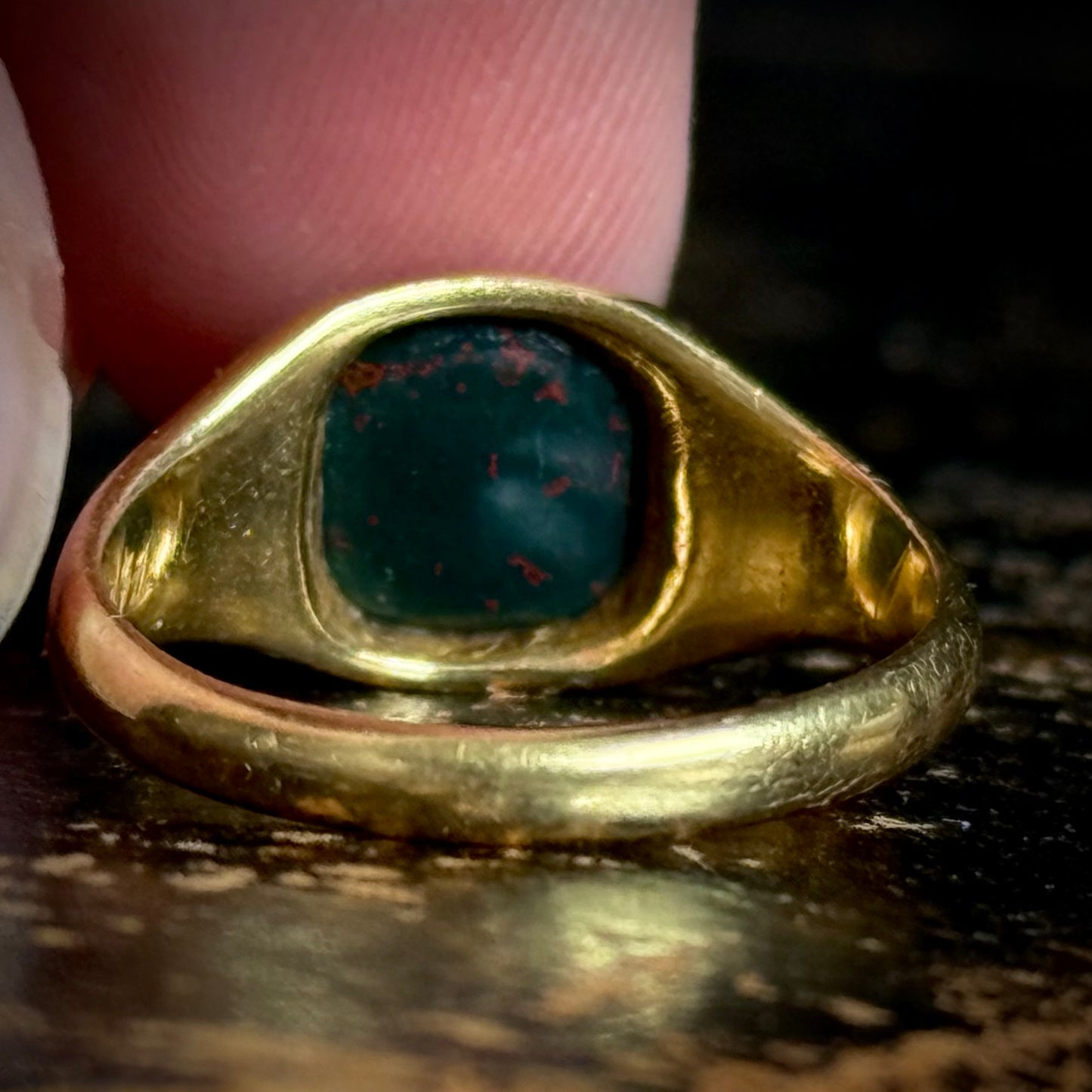 Antique Bloodstone 'E' Signet Ring in 18 Carat Gold