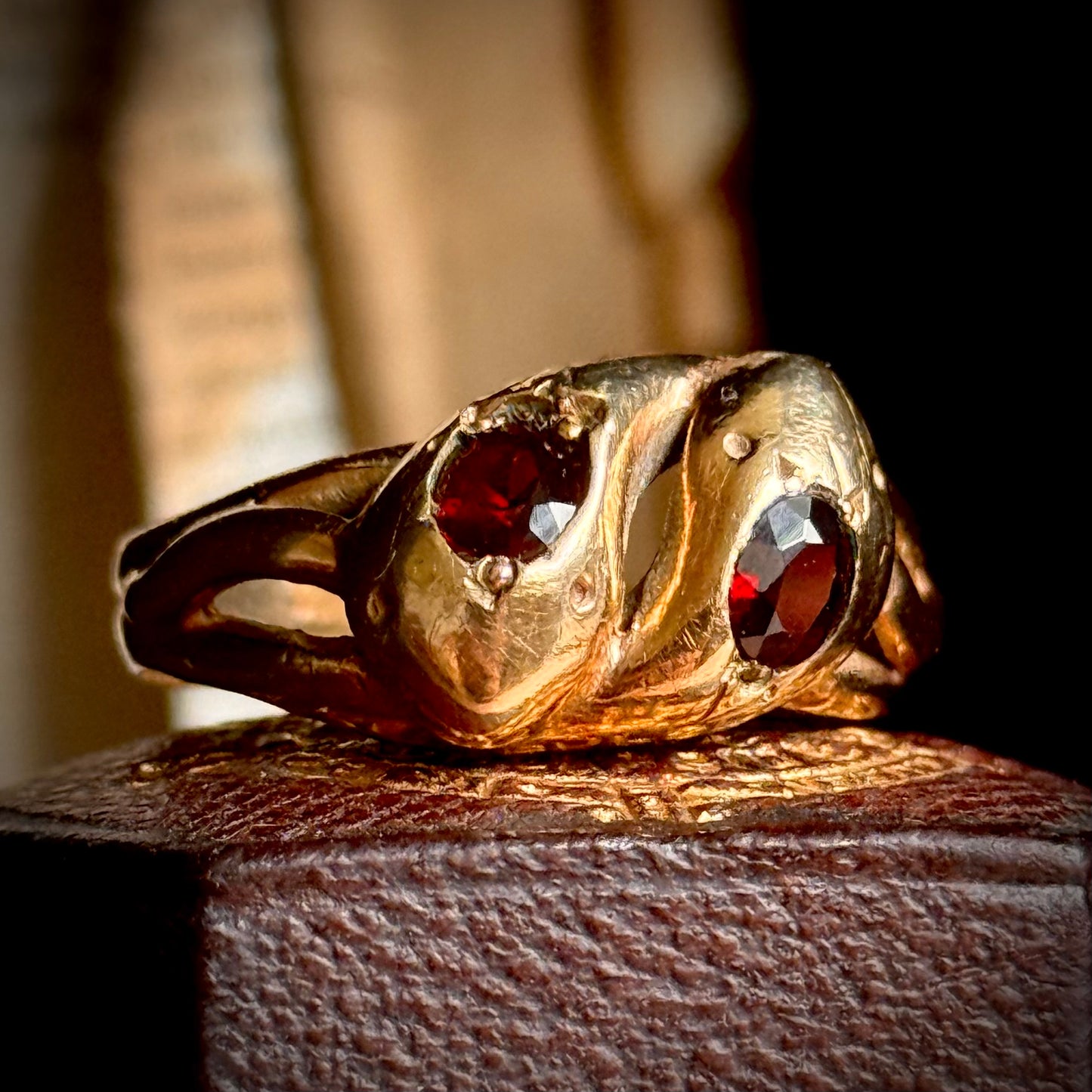 Vintage Garnet Double Snake Ring in 9 Carat Gold