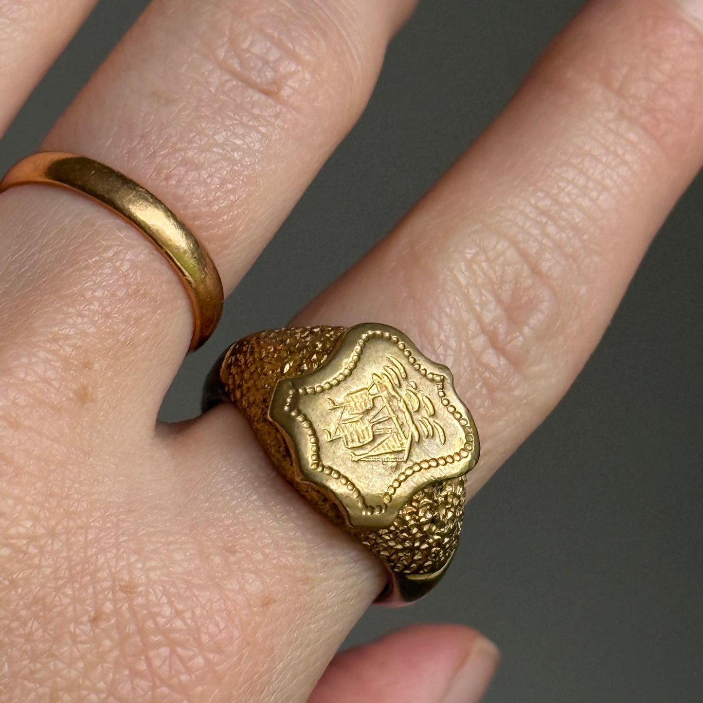 Victorian Heavy Nautical Ship Intaglio Signet ring; Circa 1885