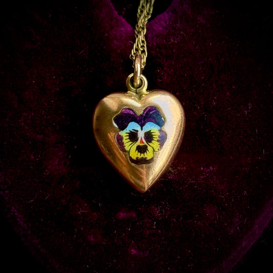 Exquisite Enamel Pansy Heart Pendant in 9 Carat Gold; Circa 1880