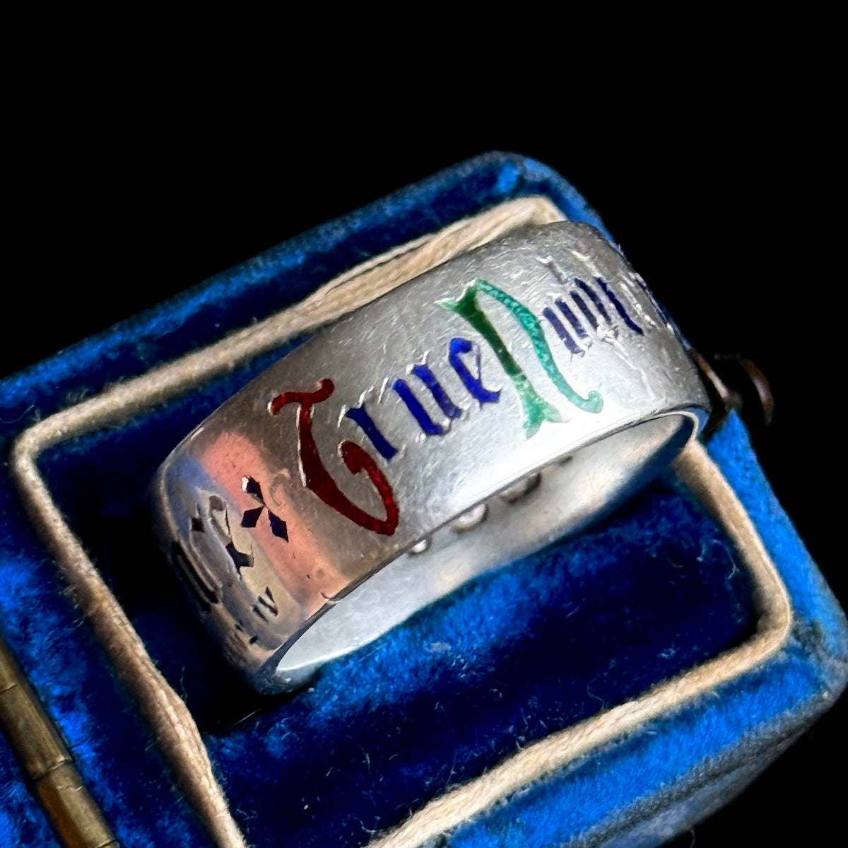 Victorian Enamel Quote Ring in Sterling Silver; Circa 1876