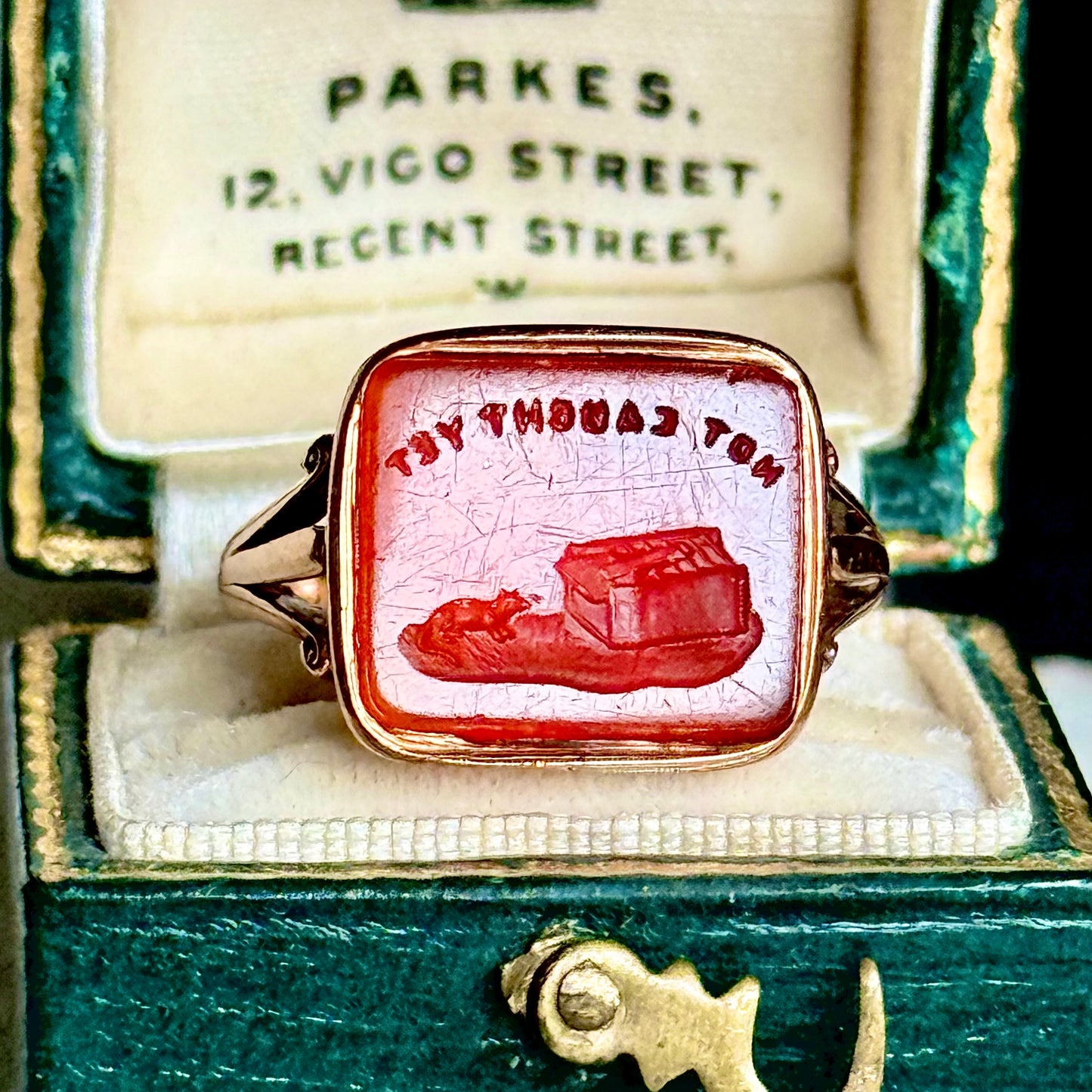 Georgian Carnelian Intaglio Seal Ring  “Not Caught Yet” Mousetrap; Circa 1830