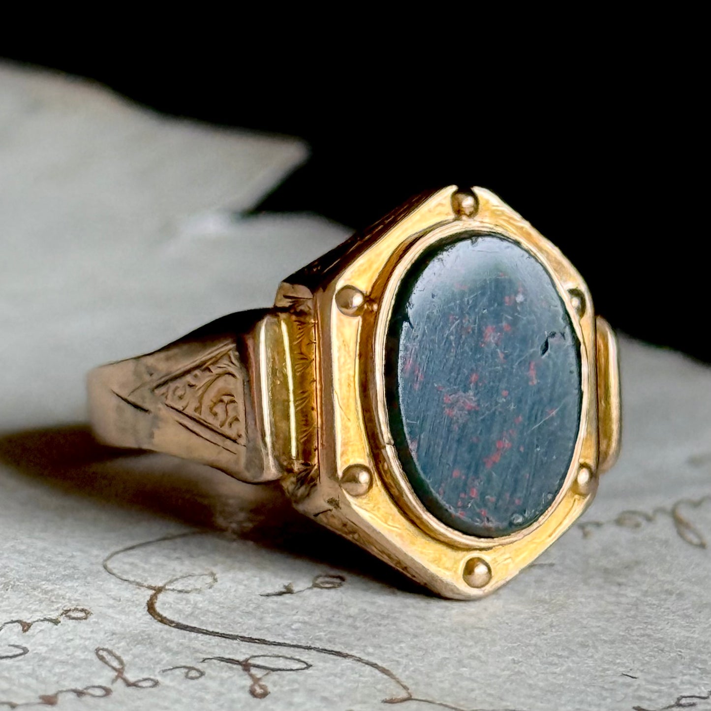 Antique Bloodstone Signet Ring in 9 Carat Gold, Circa 1880