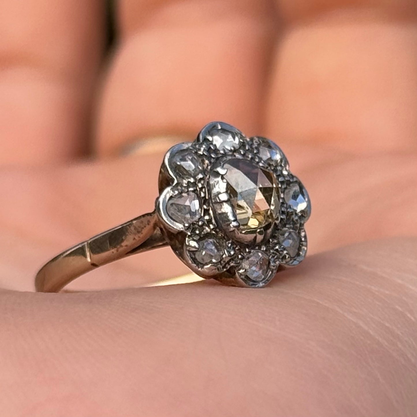 Antique Rose Cut Cluster Ring in 14 Carat Gold; Circa 1880