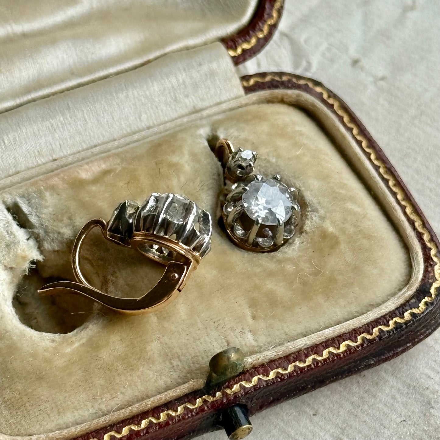 Antique French Diamond Earrings in 18 Carat Gold with Original Box