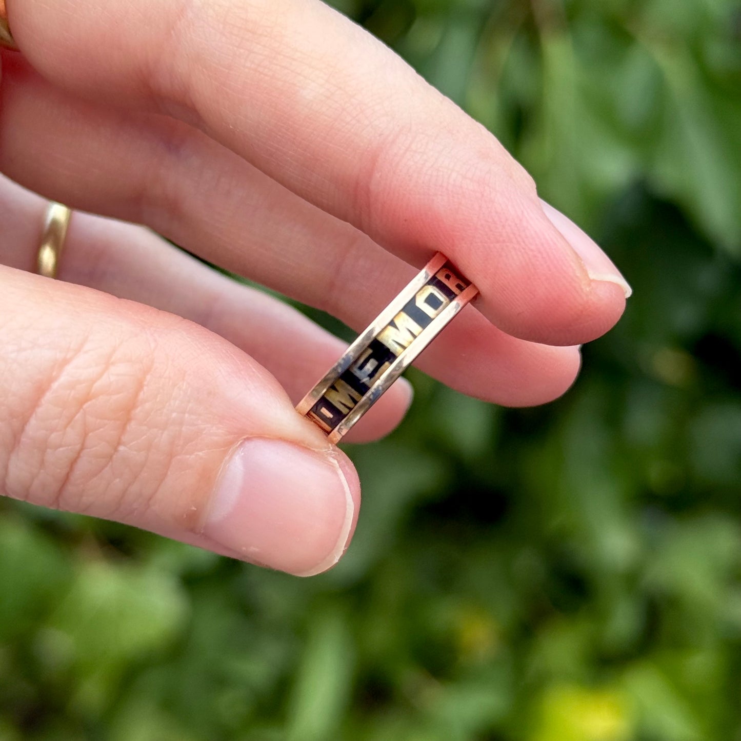 Antique Victorian Enamel Mourning Ring in 9 Carat Gold; Circa 1873