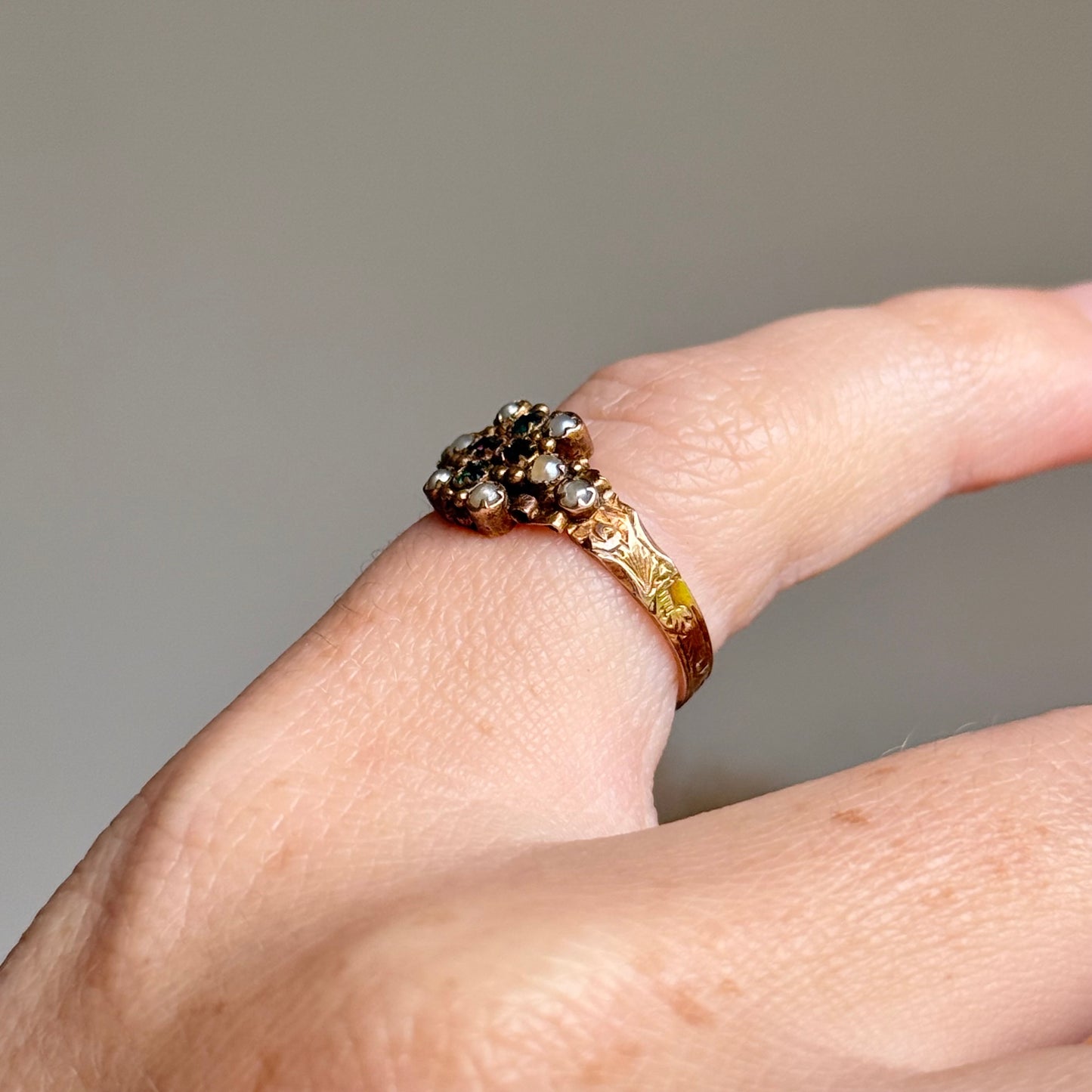 Antique Ornate Gemstone Ring in 15 Carat Gold; Circa 1873