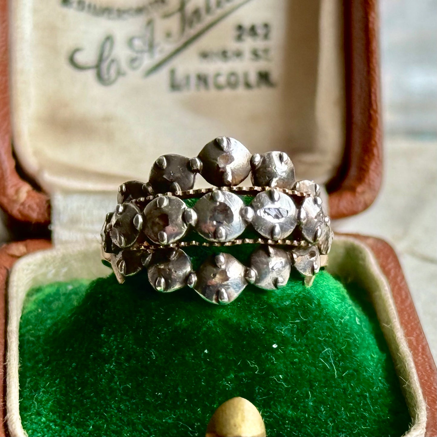 Antique Georgian Rose Cut Diamond Ring Gold and Silver; Circa 1820