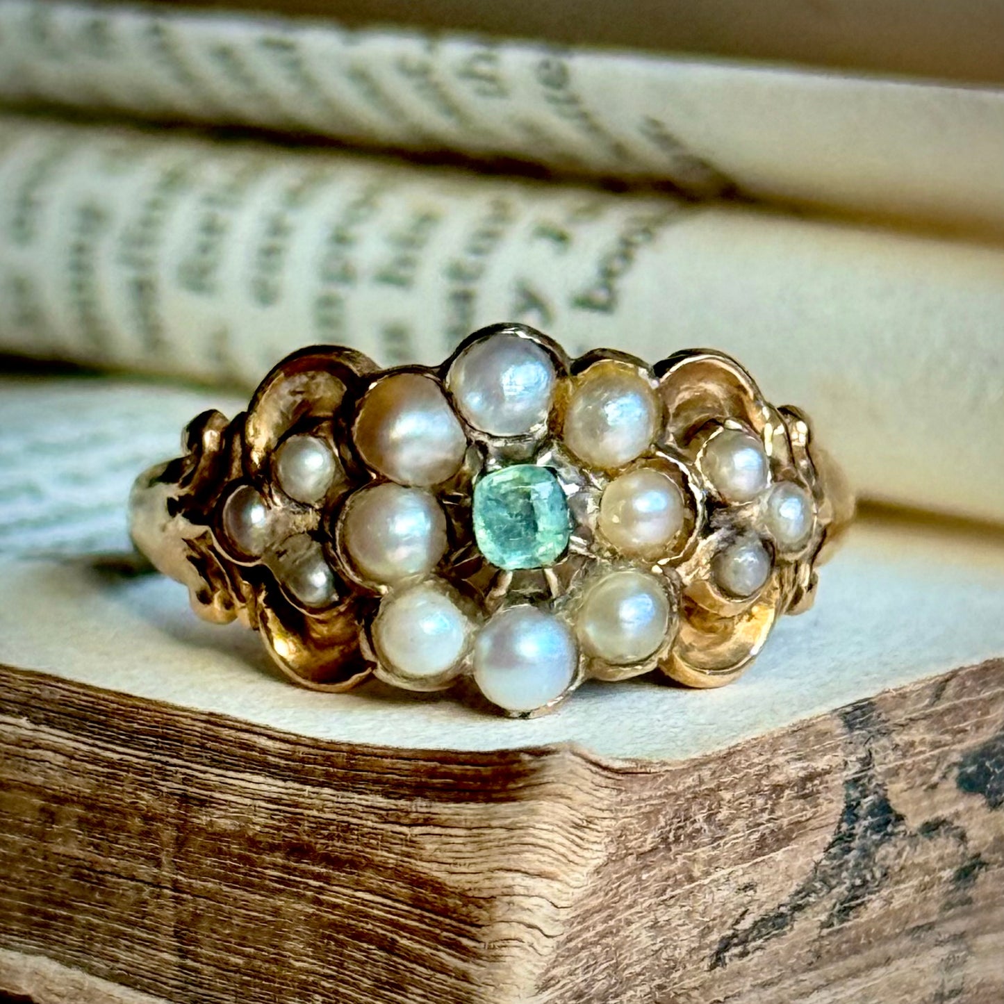 Antique Emerald & Pearl Ring in 9 Carat Gold; Circa 1850