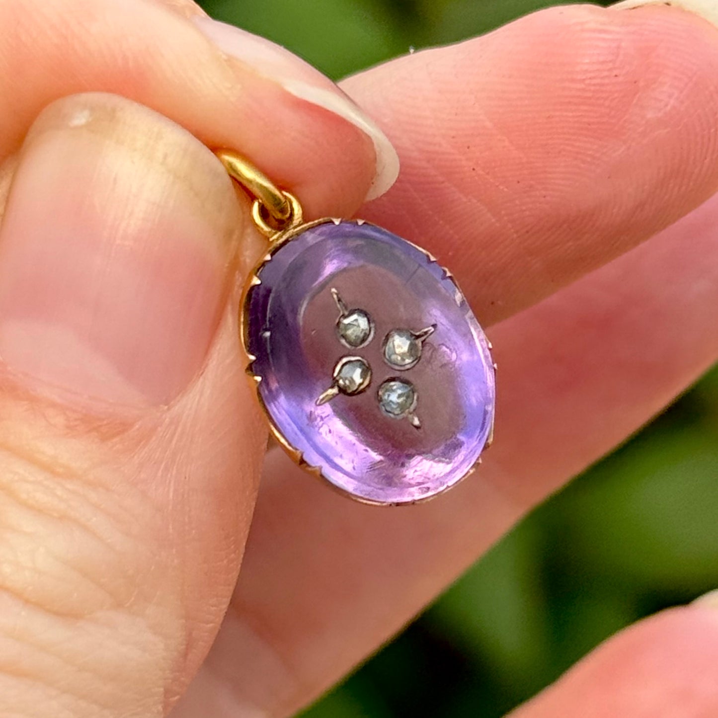 Victorian Amethyst Pendant with Floating Rose Cut Diamonds; Circa 1880