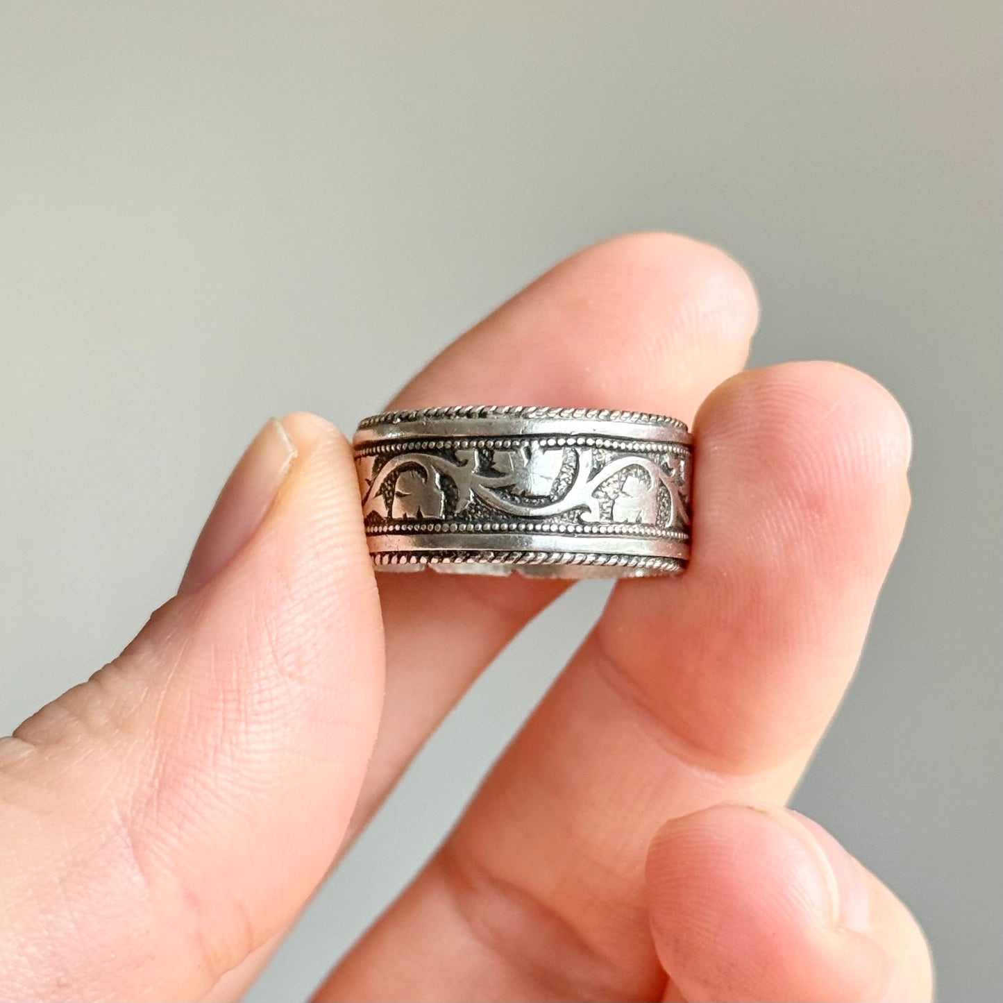 Victorian Sterling Silver Ivy Love Token Ring; Circa 1881