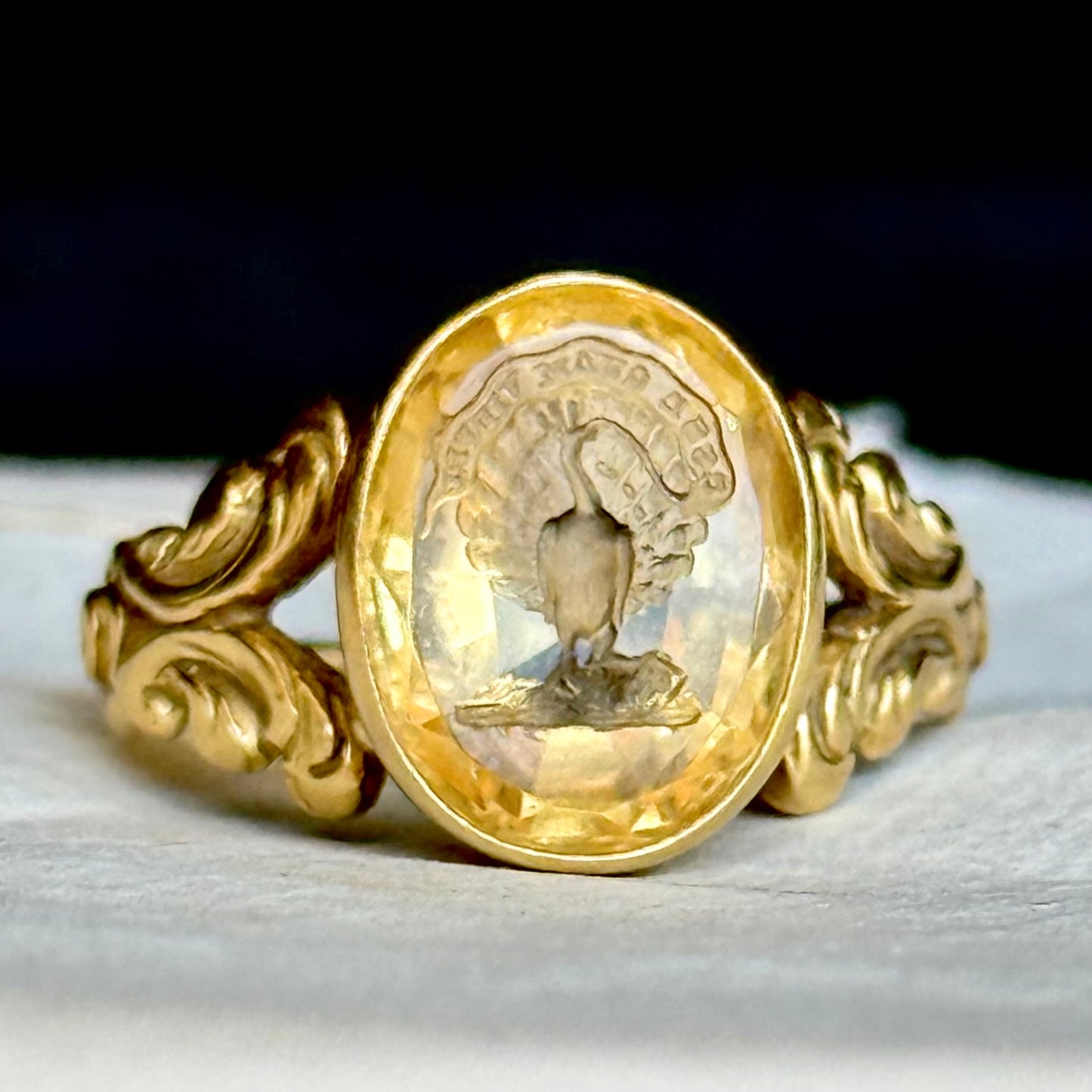 Sublime Citrine Intaglio Peacock Ring in 18 Carat Gold