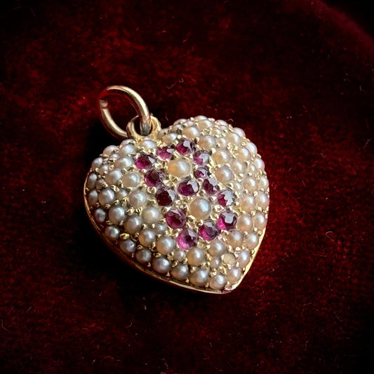 Antique Victorian 'B' Ruby & Pearl Pendant in 15 Carat Gold
