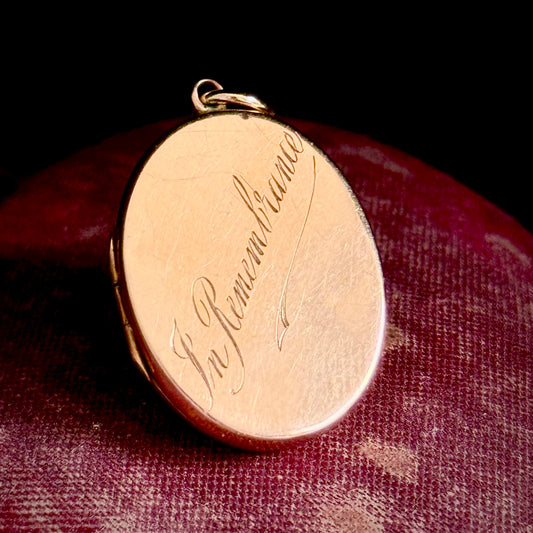 Antique 'In Remembrance' Oval Locket in 9 Carat Gold; Circa 1915