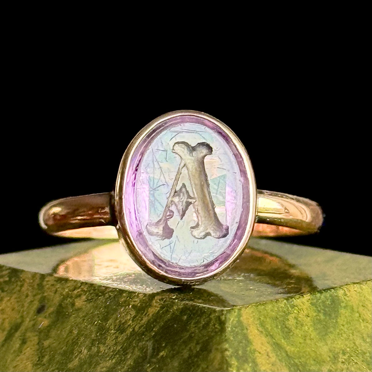 Antique Amethyst Intaglio 'A' Ring in 9 Carat Gold; Circa 1890
