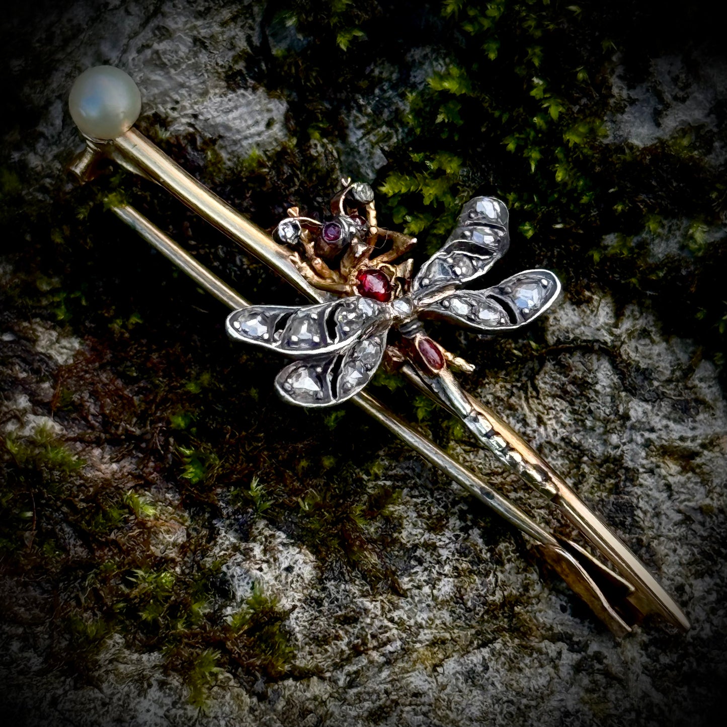 Victorian Diamond, Garnet & Pearl Dragonfly Brooch; Circa 1890